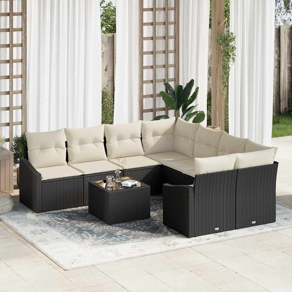 Bankstel met kussen met kussen 9 pcs Zwart en Crème poly rattan is nu te koop bij PeponiXL, paradijselijk wonen!