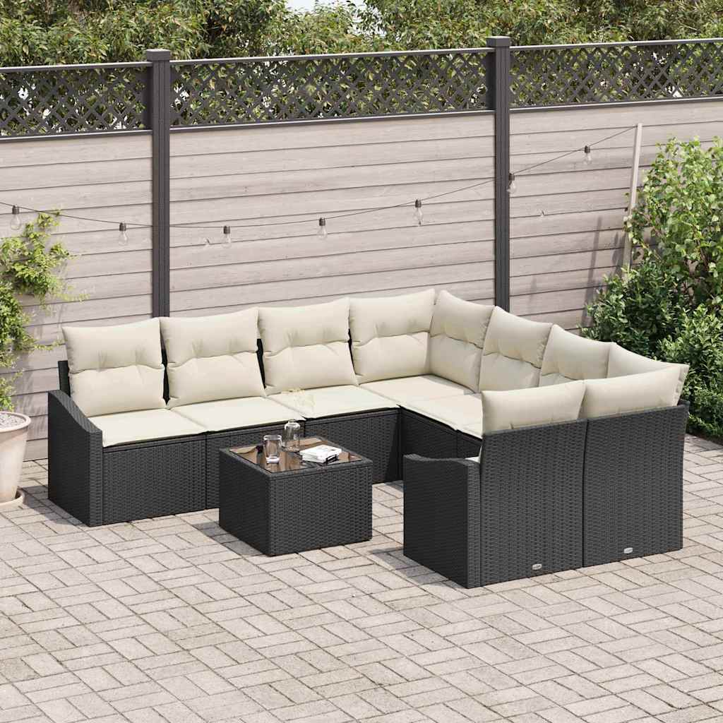 Bankstel met kussen met kussen 9 pcs Zwart en Crème poly rattan is nu te koop bij PeponiXL, paradijselijk wonen!