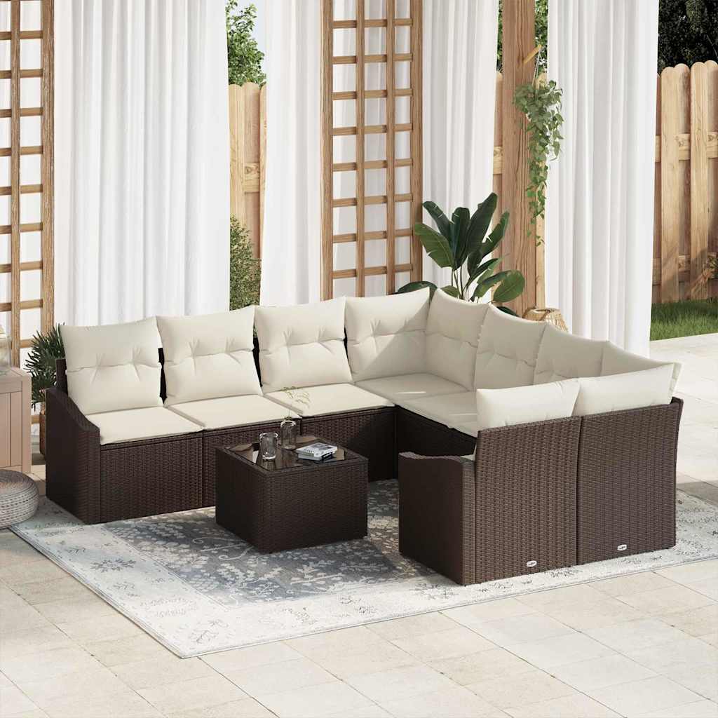 Bankstel met kussen met kussen 9 pcs Bruin en Crème poly rattan is nu te koop bij PeponiXL, paradijselijk wonen!