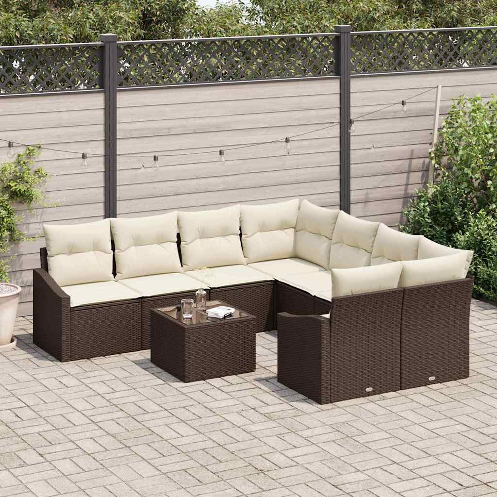 Bankstel met kussen met kussen 9 pcs Bruin en Crème poly rattan is nu te koop bij PeponiXL, paradijselijk wonen!