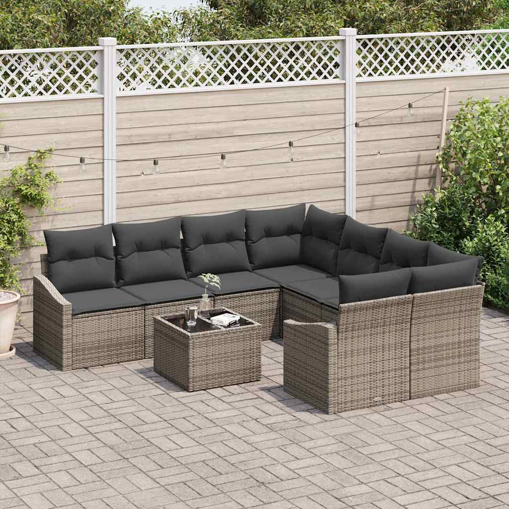 Bankstel met kussen met kussen 9 pcs Grijs poly rattan is nu te koop bij PeponiXL, paradijselijk wonen!