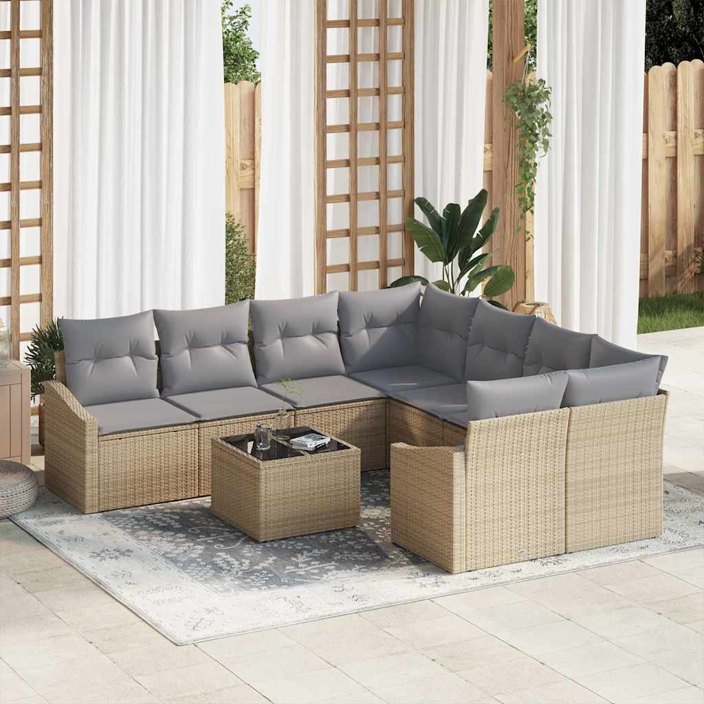 Bankstel met kussen 9 pcs Beige en Licht Grijs poly rattan is nu te koop bij PeponiXL, paradijselijk wonen!