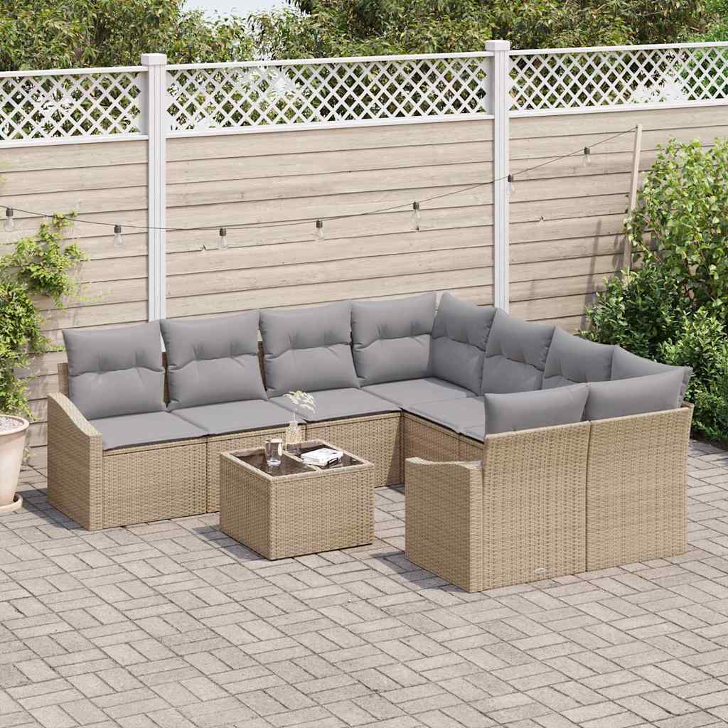 Bankstel met kussen 9 pcs Beige en Licht Grijs poly rattan is nu te koop bij PeponiXL, paradijselijk wonen!