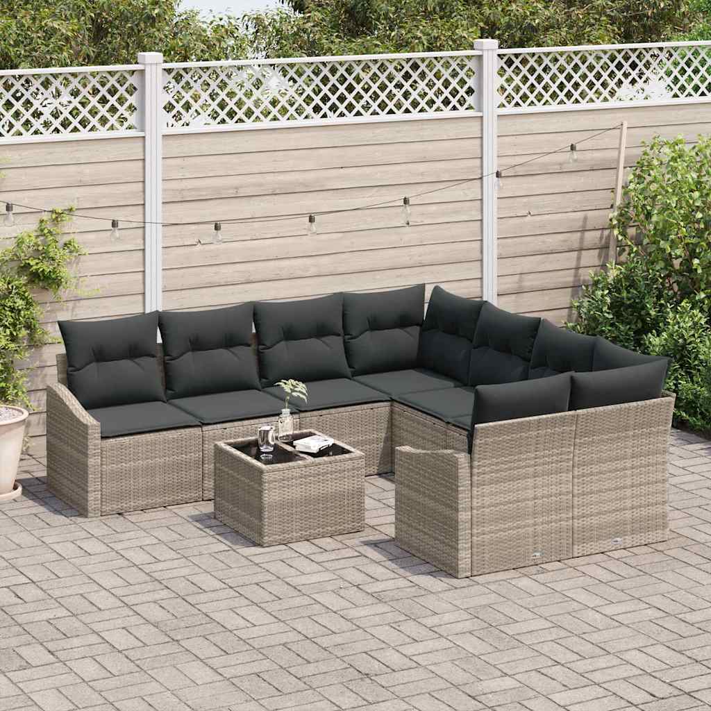 Bankstel met kussen met kussen 9 pcs Lichtgrijs poly rattan is nu te koop bij PeponiXL, paradijselijk wonen!