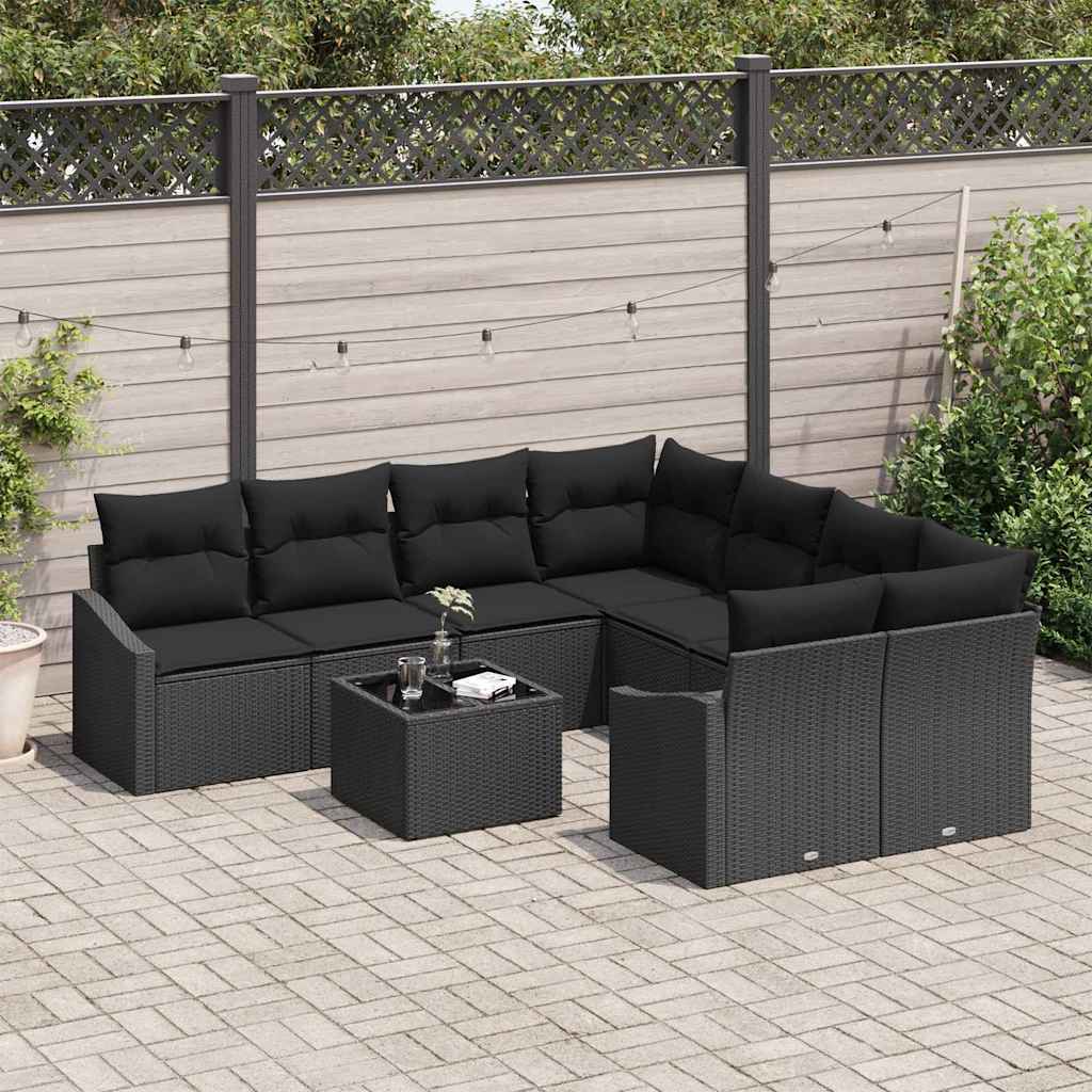 Bankstel met kussen met kussen 9 pcs Zwart poly rattan is nu te koop bij PeponiXL, paradijselijk wonen!