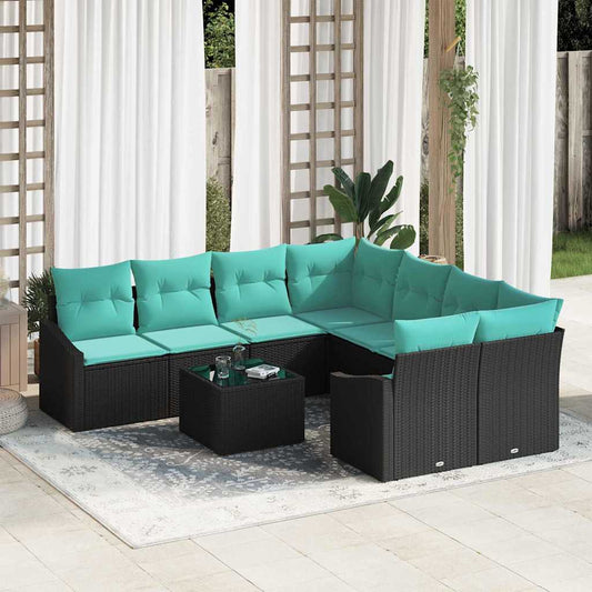 Bankstel met kussen 9 pcs Zwart en Turquoise poly rattan is nu te koop bij PeponiXL, paradijselijk wonen!