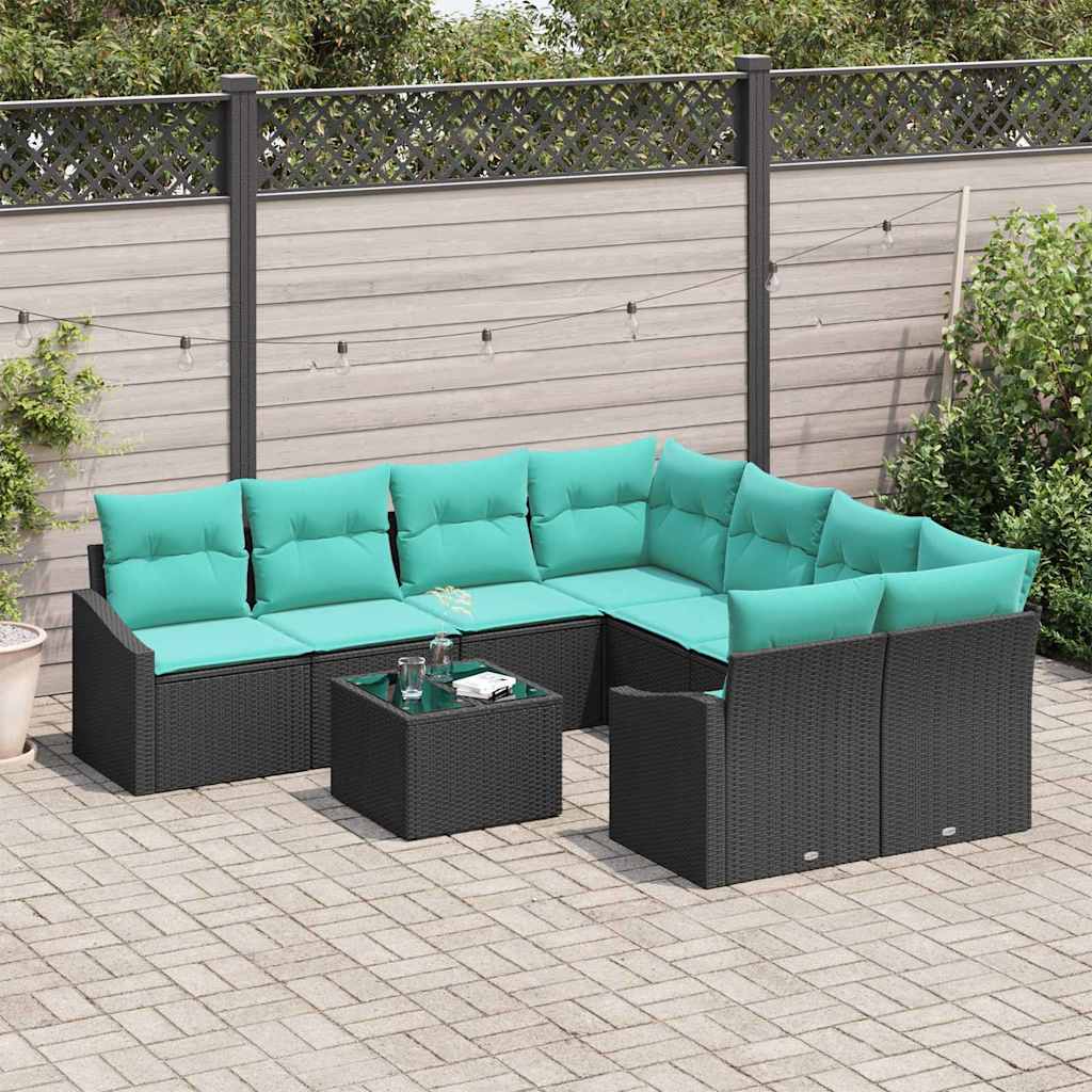 Bankstel met kussen 9 pcs Zwart en Turquoise poly rattan is nu te koop bij PeponiXL, paradijselijk wonen!