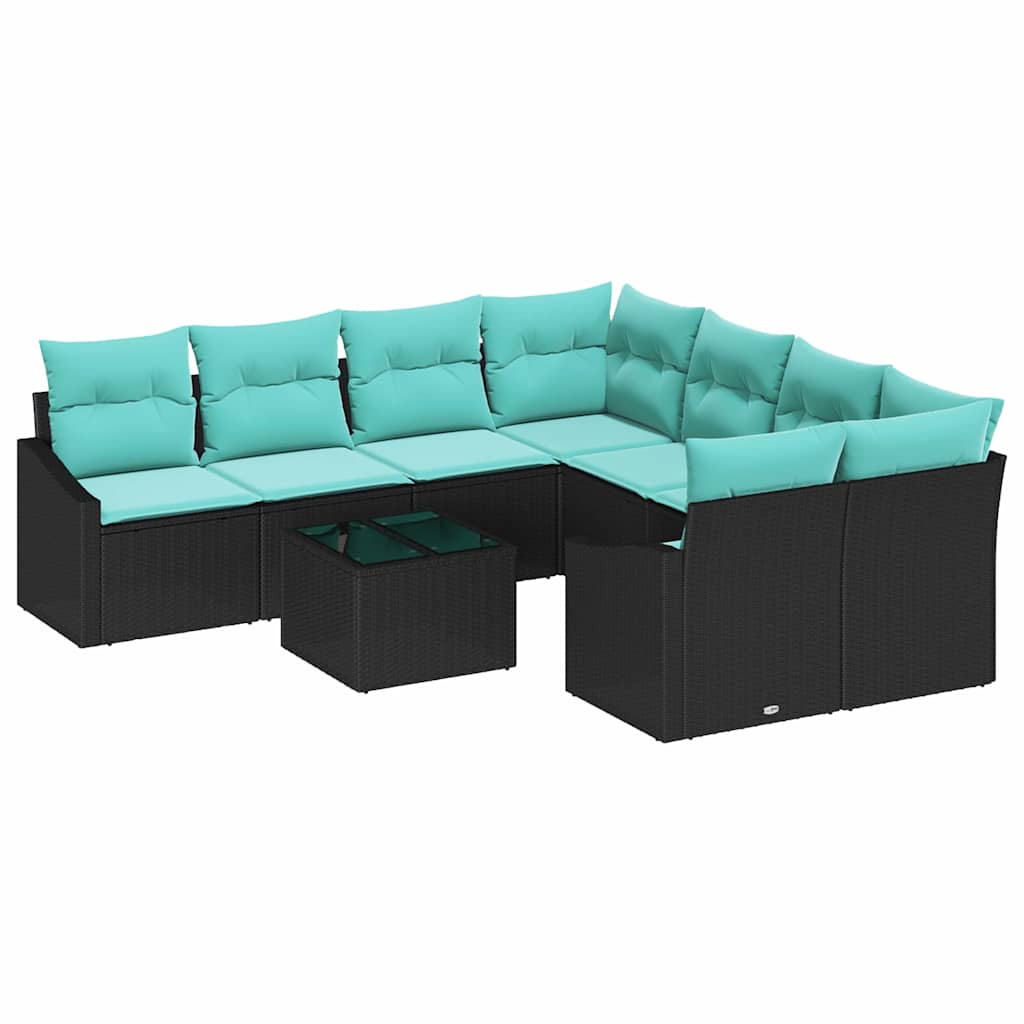 Bankstel met kussen 9 pcs Zwart en Turquoise poly rattan is nu te koop bij PeponiXL, paradijselijk wonen!
