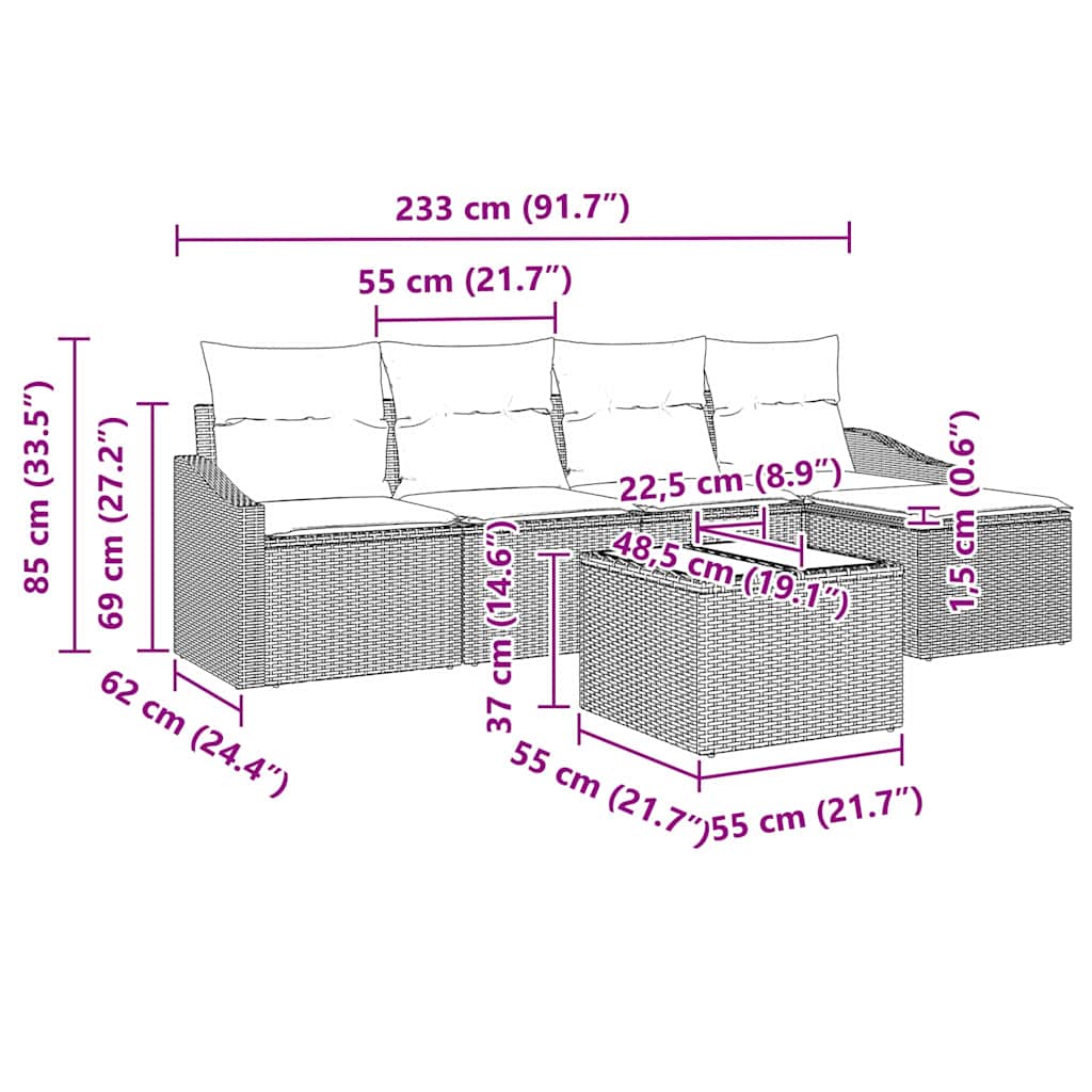 Bankstel met kussen 6 pcs Beige poly rattan