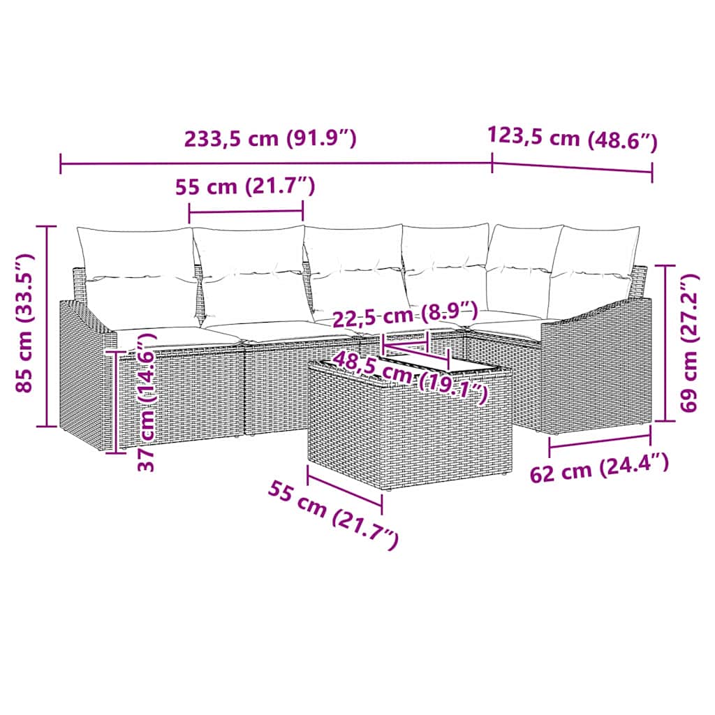 Bankstel met kussen 6 pcs Beige poly rattan