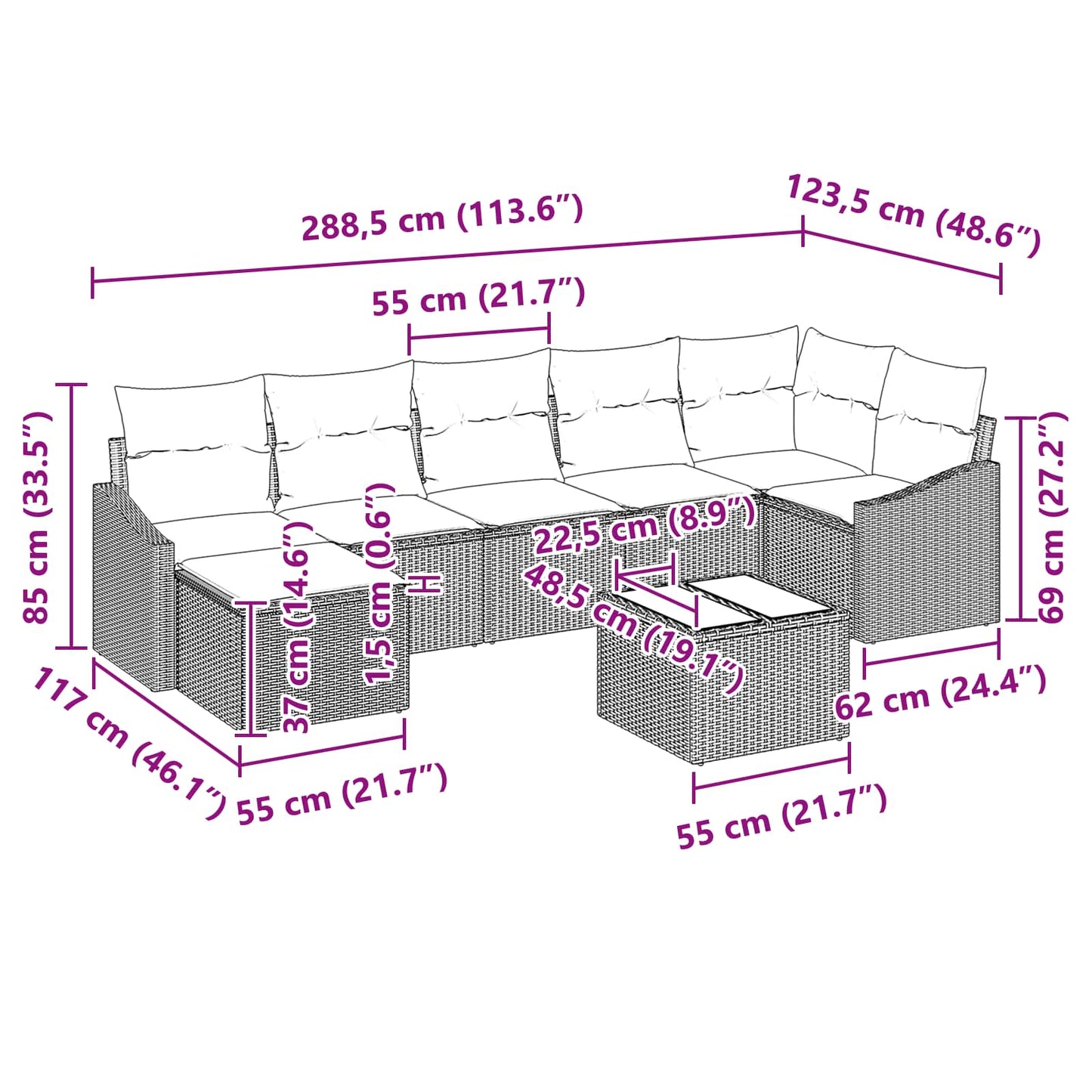 Bankstel met kussen 8 pcs Zwart poly rattan