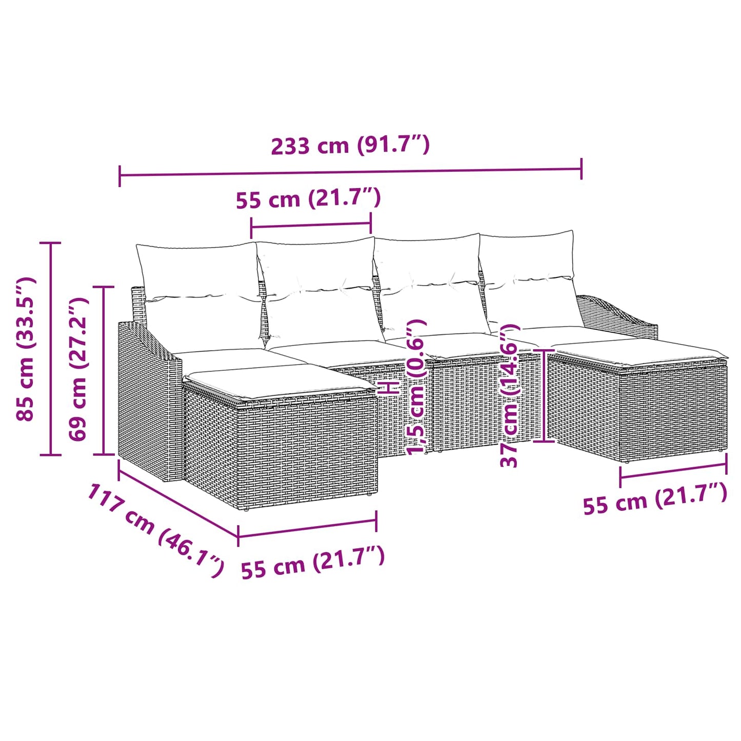 Bankstel met kussen 6 pcs Zwart poly rattan