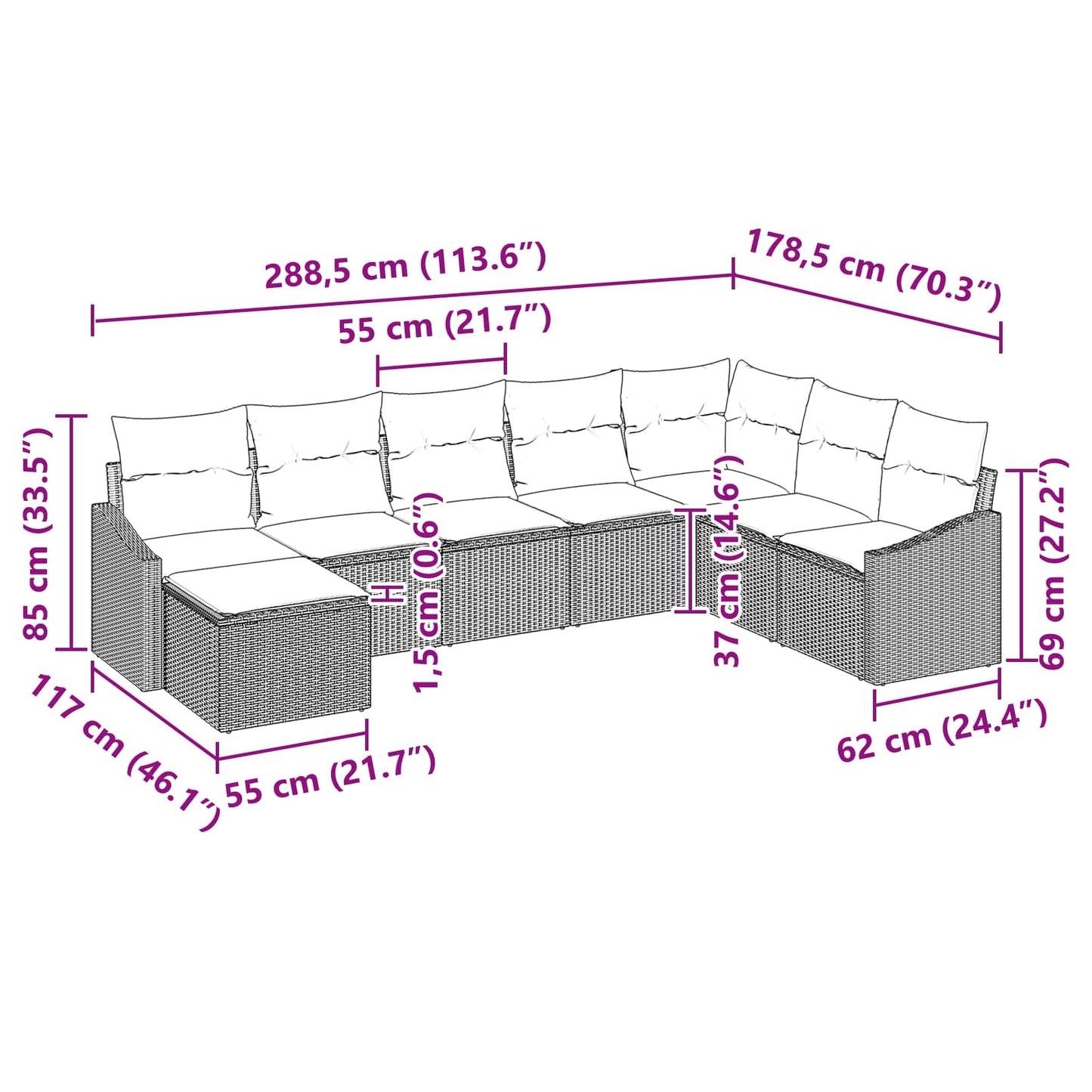 Bankstel met kussen 8 pcs Zwart poly rattan
