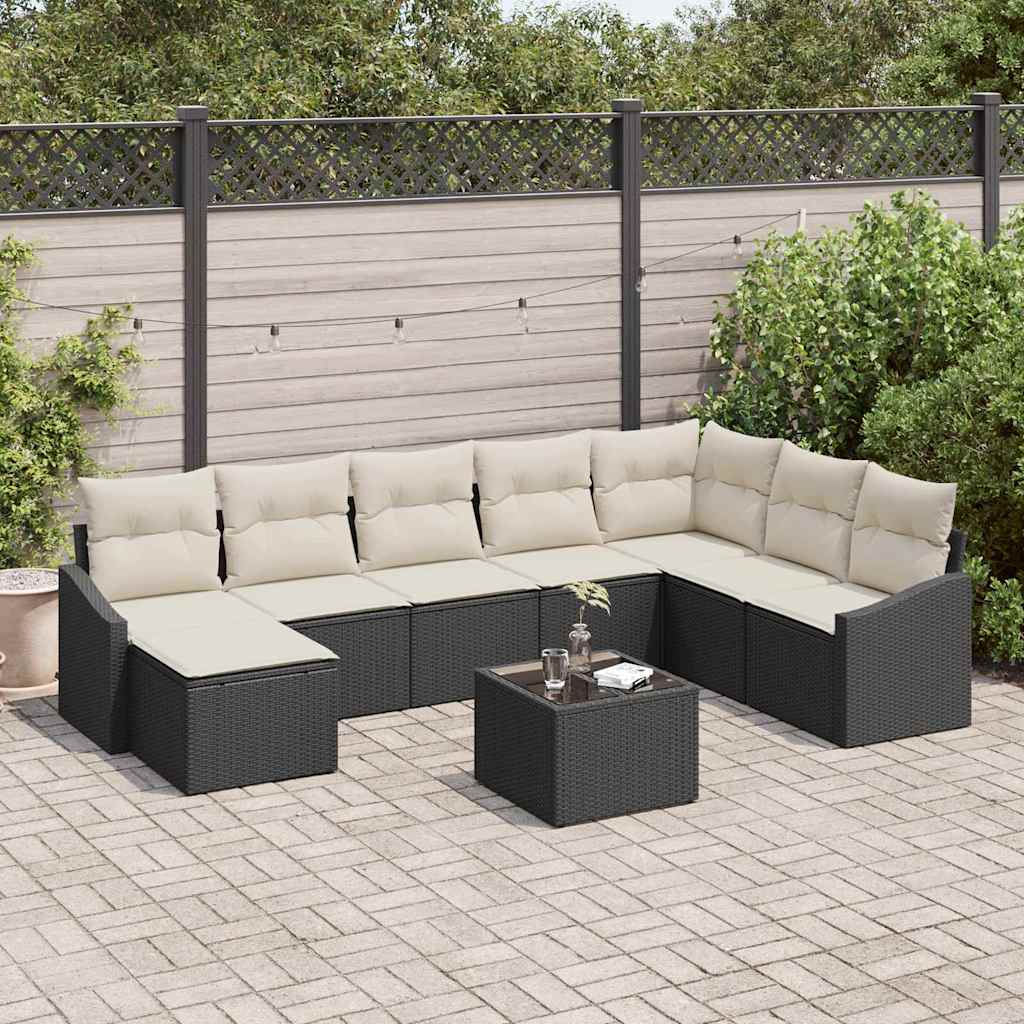 Bankstel met kussen 9 pcs Zwart poly rattan is nu te koop bij PeponiXL, paradijselijk wonen!