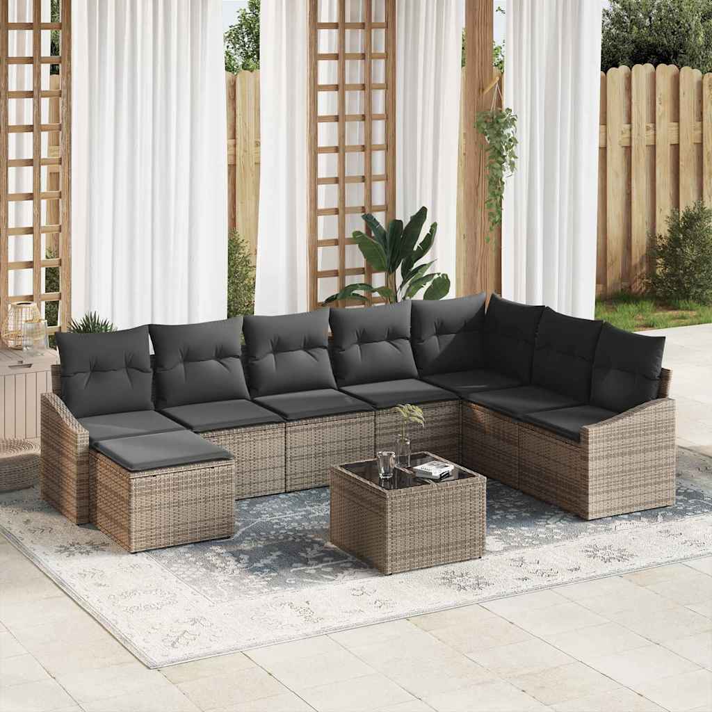 Bankstel met kussen 9 pcs Grijs poly rattan is nu te koop bij PeponiXL, paradijselijk wonen!