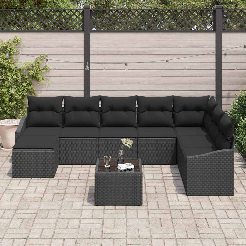 Bankstel met kussen 9 pcs Zwart poly rattan is nu te koop bij PeponiXL, paradijselijk wonen!