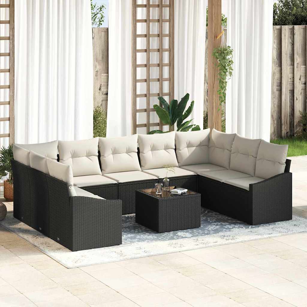 Bankstel met kussen 10 pcs Zwart poly rattan is nu te koop bij PeponiXL, paradijselijk wonen!