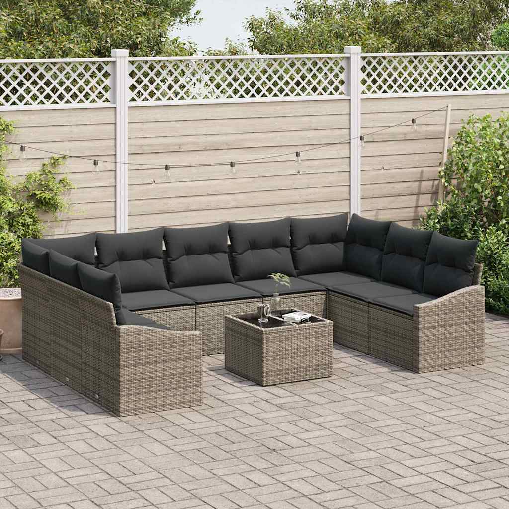 Bankstel met kussen 10 pcs Grijs poly rattan is nu te koop bij PeponiXL, paradijselijk wonen!