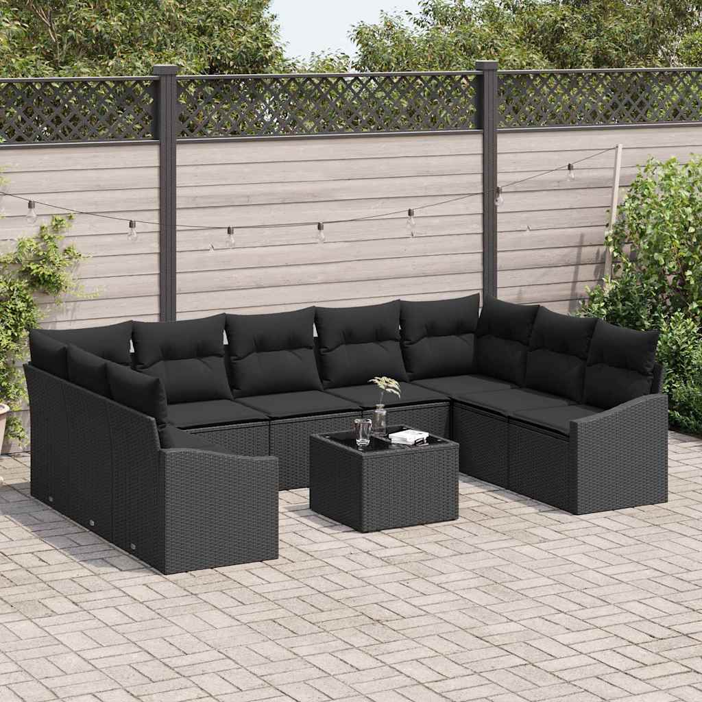 Bankstel met kussen 10 pcs Zwart poly rattan is nu te koop bij PeponiXL, paradijselijk wonen!