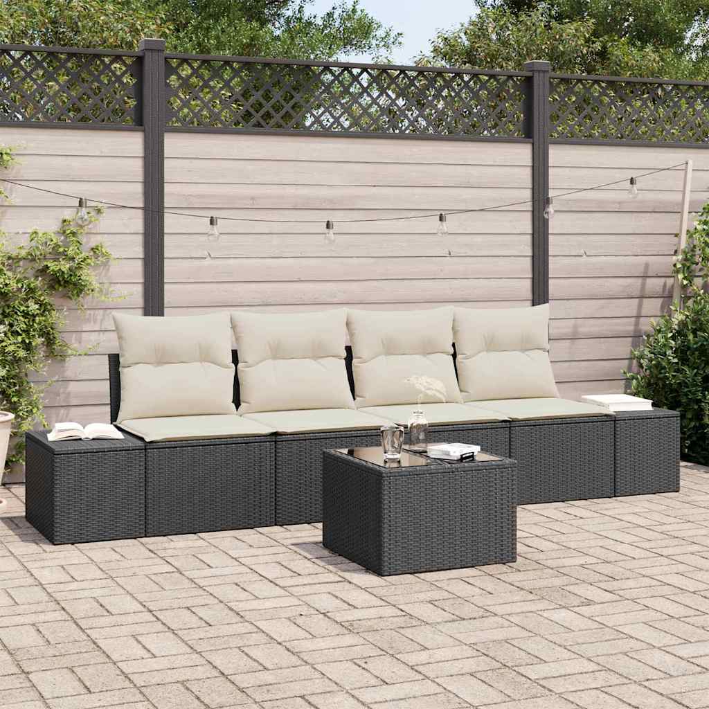Bankstel met kussen met kussen 5 pcs Zwart en Crème poly rattan is nu te koop bij PeponiXL, paradijselijk wonen!
