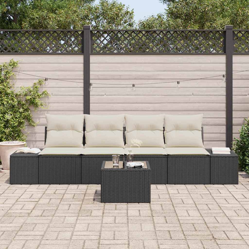 Bankstel met kussen met kussen 5 pcs Zwart en Crème poly rattan is nu te koop bij PeponiXL, paradijselijk wonen!