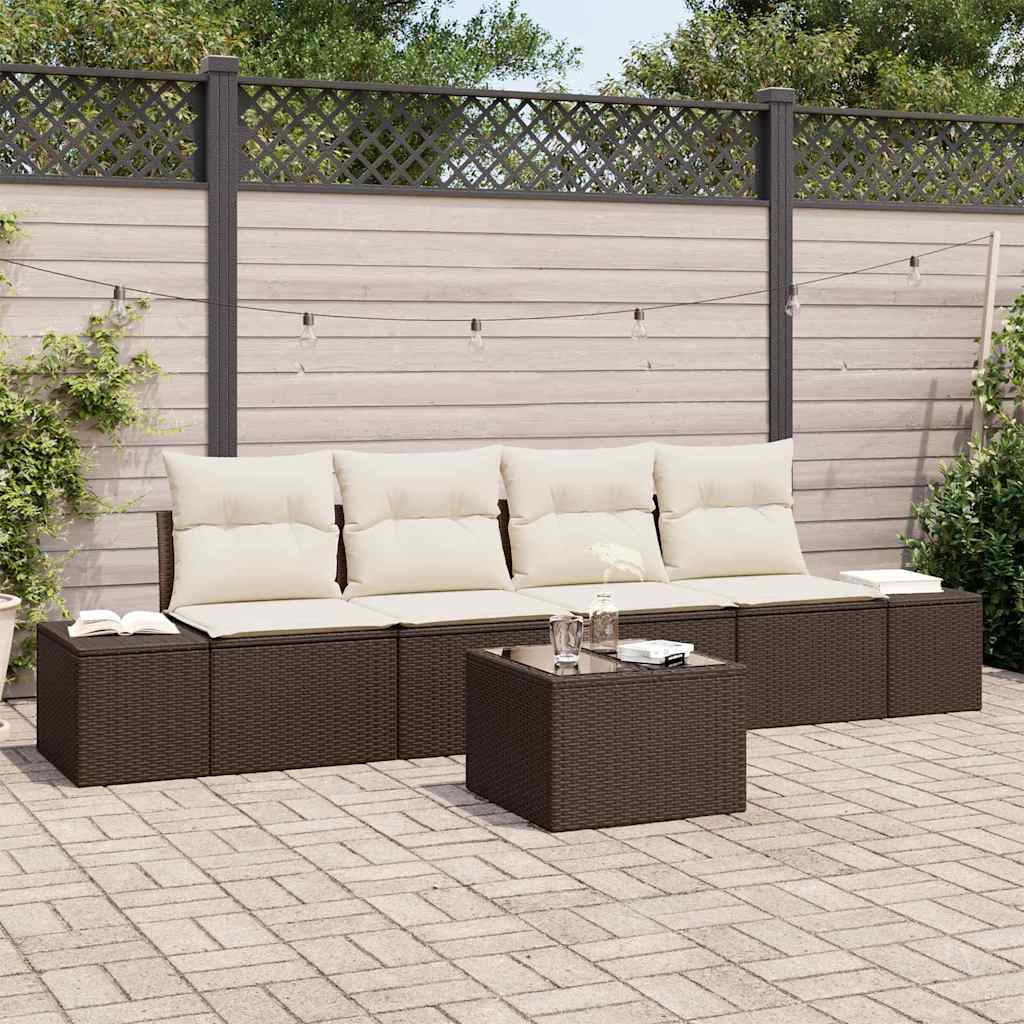 Bankstel met kussen met kussen 5 pcs Bruin en Crème poly rattan is nu te koop bij PeponiXL, paradijselijk wonen!