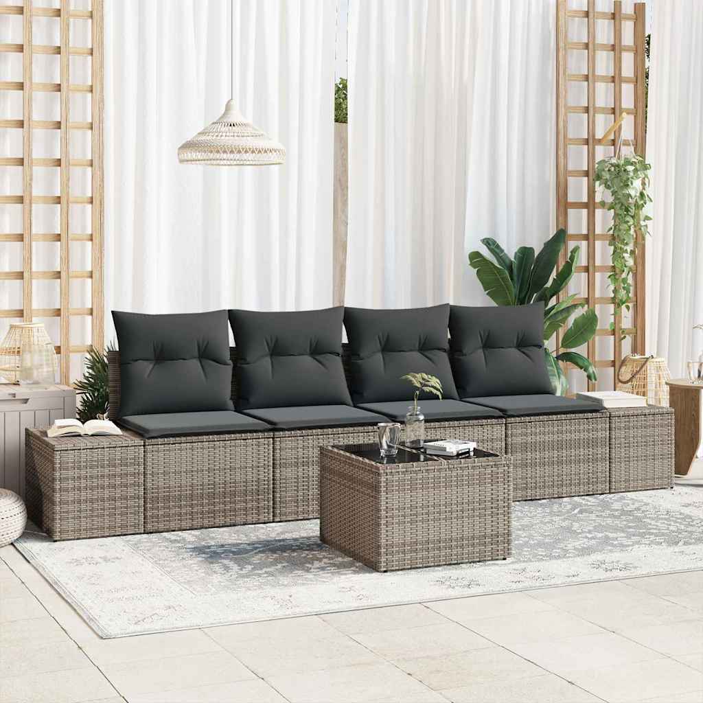 Bankstel met kussen met kussen 5 pcs Grijs poly rattan is nu te koop bij PeponiXL, paradijselijk wonen!