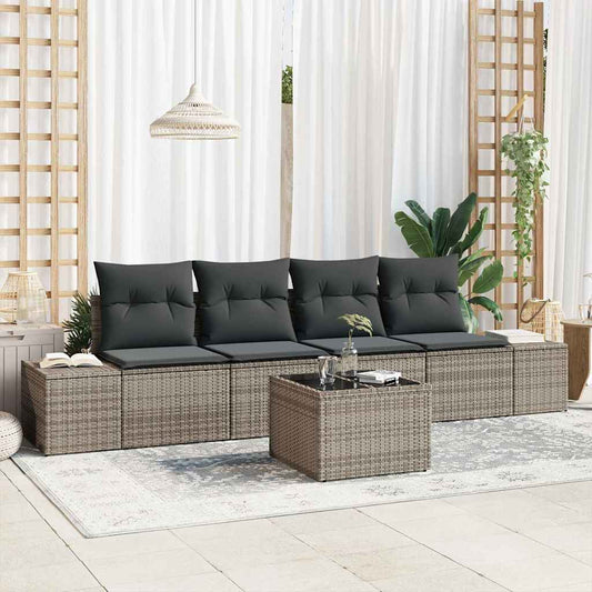 Bankstel met kussen met kussen 5 pcs Grijs poly rattan is nu te koop bij PeponiXL, paradijselijk wonen!