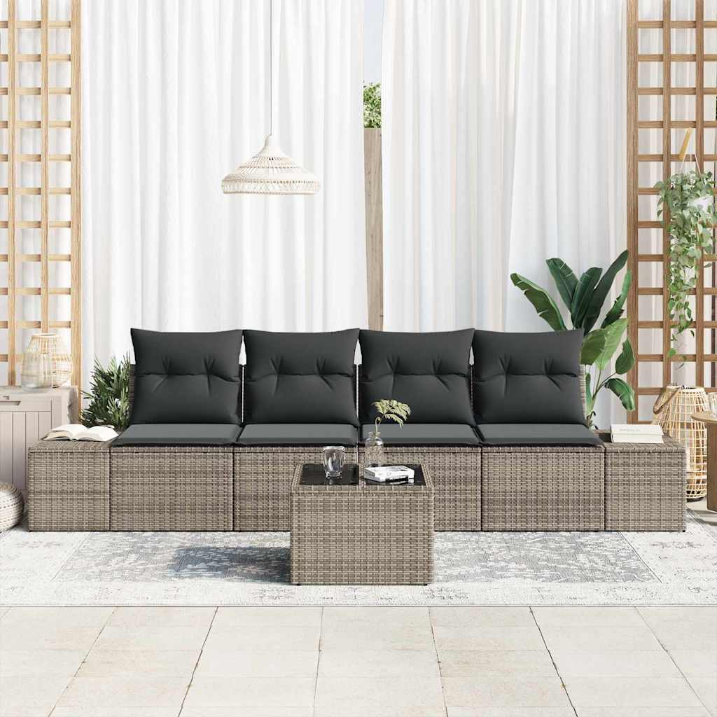 Bankstel met kussen met kussen 5 pcs Grijs poly rattan is nu te koop bij PeponiXL, paradijselijk wonen!