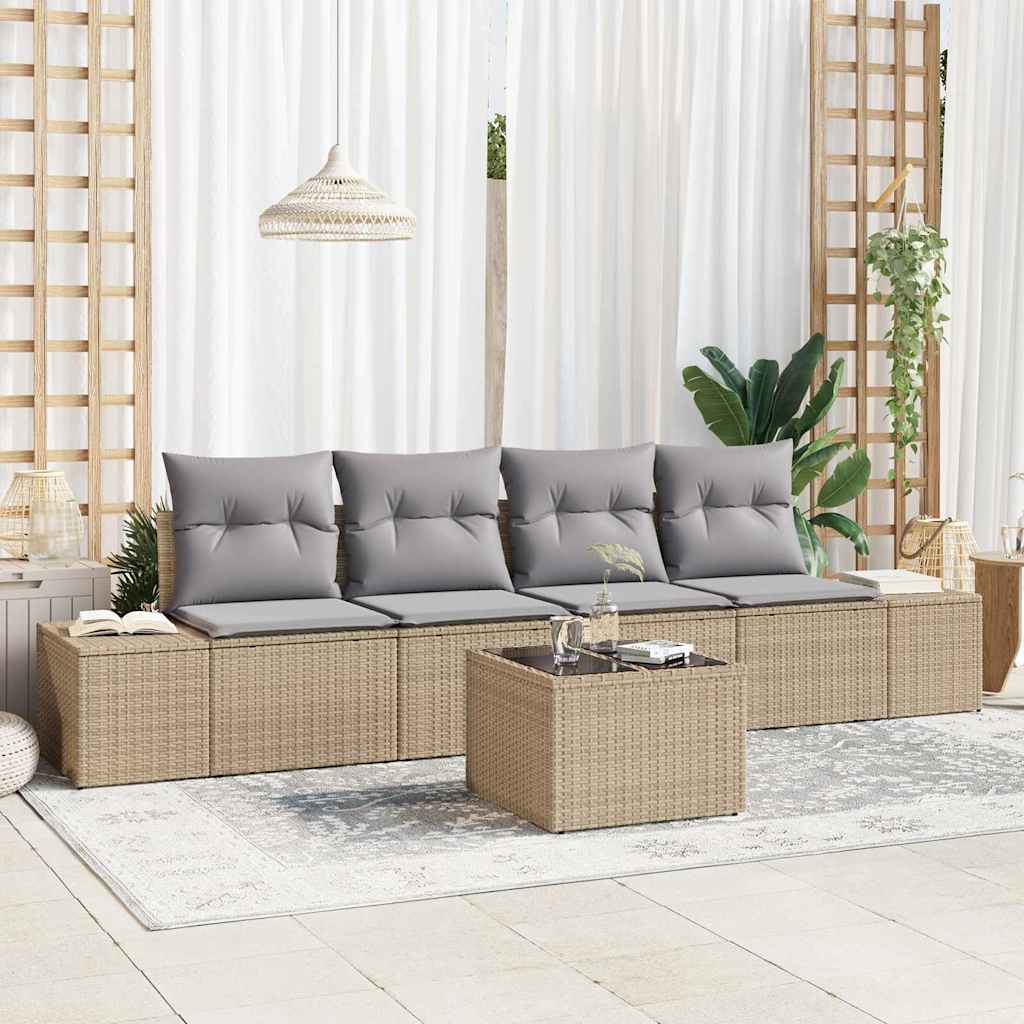 Bankstel met kussen 5 pcs Beige en Licht Grijs poly rattan is nu te koop bij PeponiXL, paradijselijk wonen!