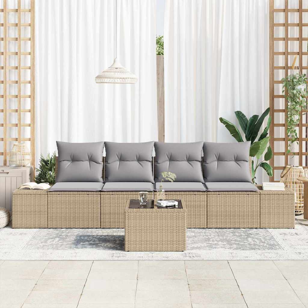 Bankstel met kussen 5 pcs Beige en Licht Grijs poly rattan is nu te koop bij PeponiXL, paradijselijk wonen!