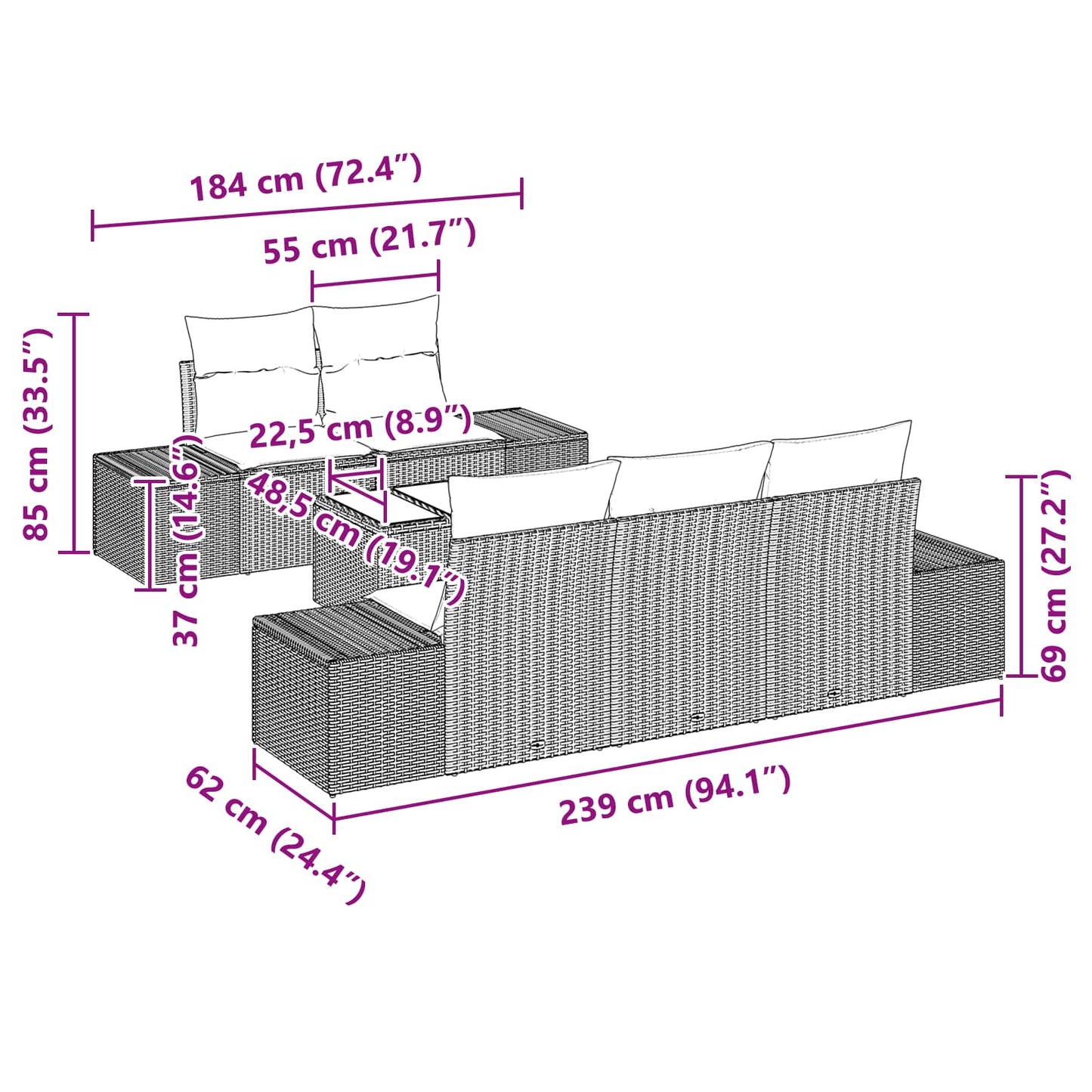 Tuin Sofa Set 6 st Zwart poly rattan