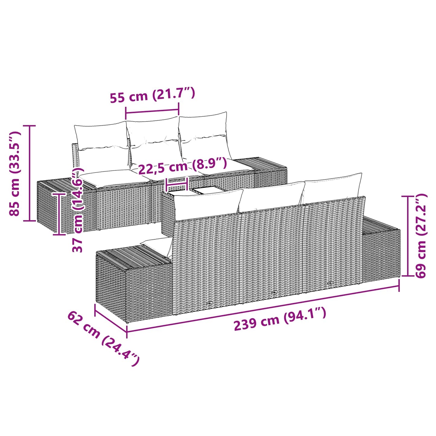 Tuin Sofa Set 7 st Zwart poly rattan