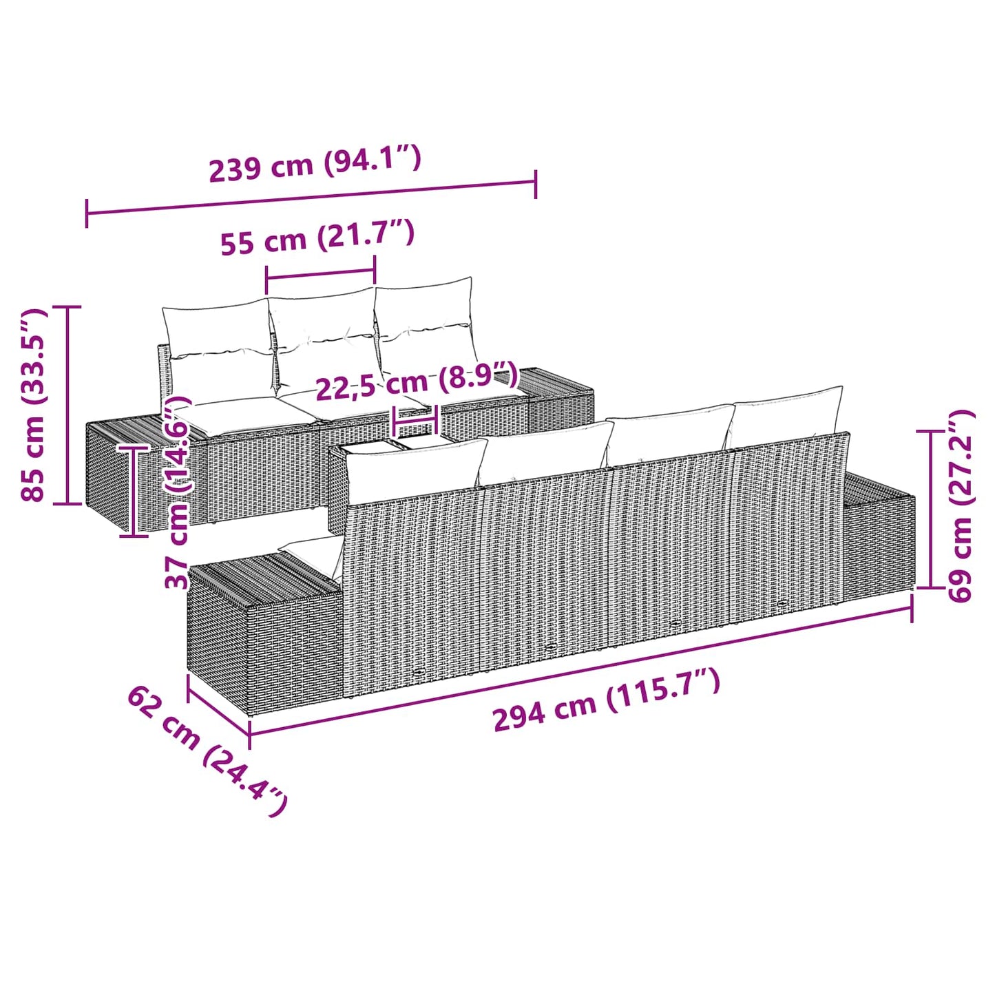 Tuin Sofa Set 8 st Zwart poly rattan