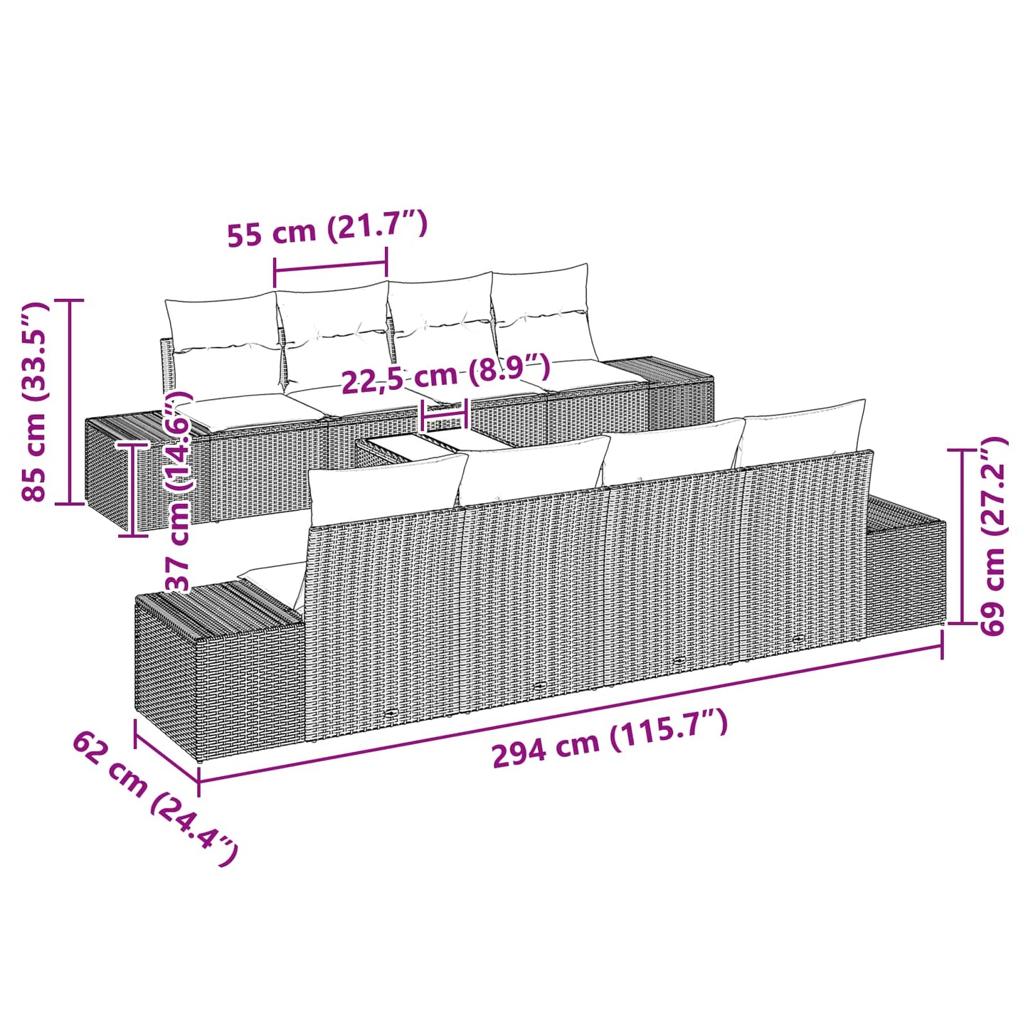 Tuin Sofa Set 9 st Zwart poly rattan