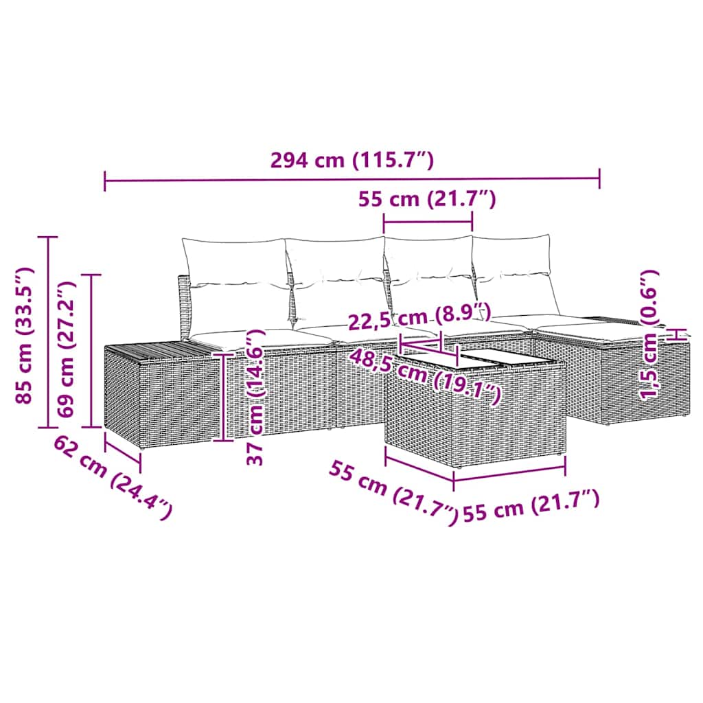 Tuin Sofa Set met kussen 6 pcs Zwart poly rattan is nu te koop bij PeponiXL, paradijselijk wonen!