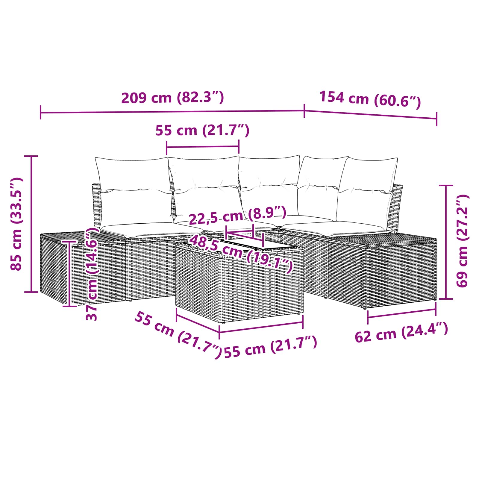 Tuin Sofa Set met kussen 5 pcs Bruin poly rattan is nu te koop bij PeponiXL, paradijselijk wonen!