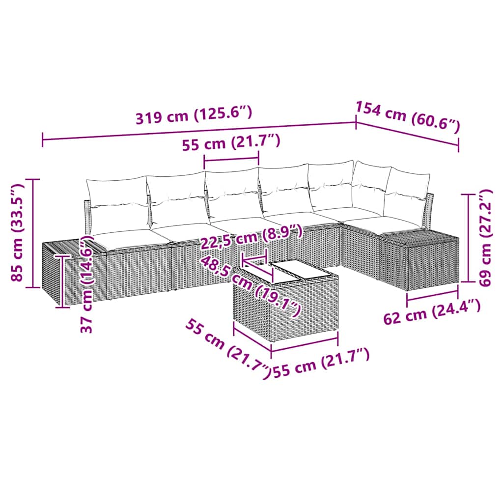 Tuin Sofa Set met kussen 7 pcs Zwart en Crème poly rattan is nu te koop bij PeponiXL, paradijselijk wonen!