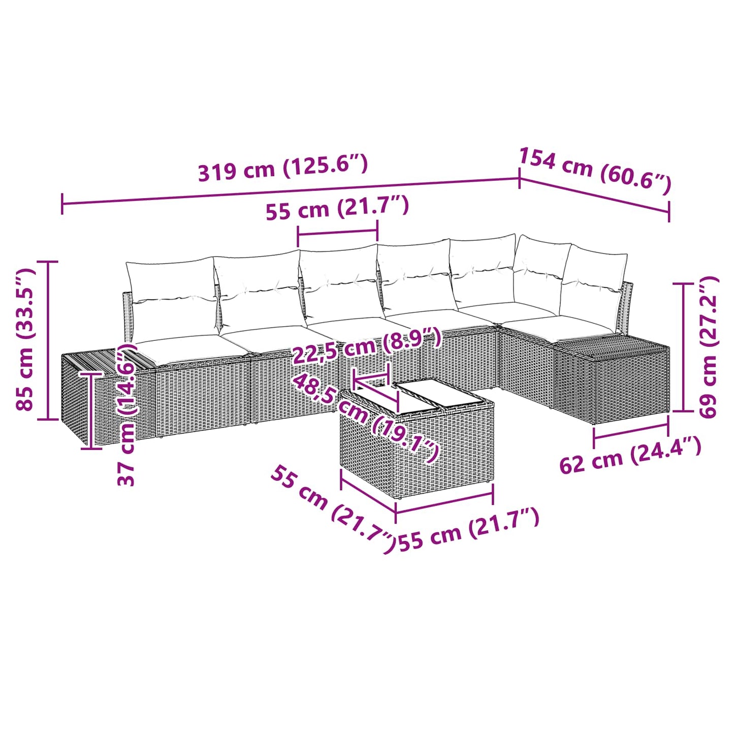 Tuin Sofa Set met kussen 7 pcs Bruin poly rattan is nu te koop bij PeponiXL, paradijselijk wonen!