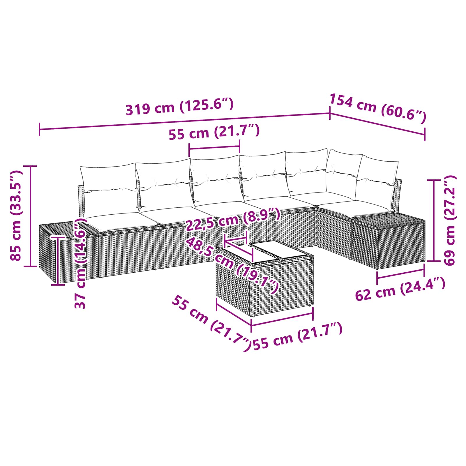 Tuin Sofa Set met kussen 7 pcs Bruin poly rattan is nu te koop bij PeponiXL, paradijselijk wonen!