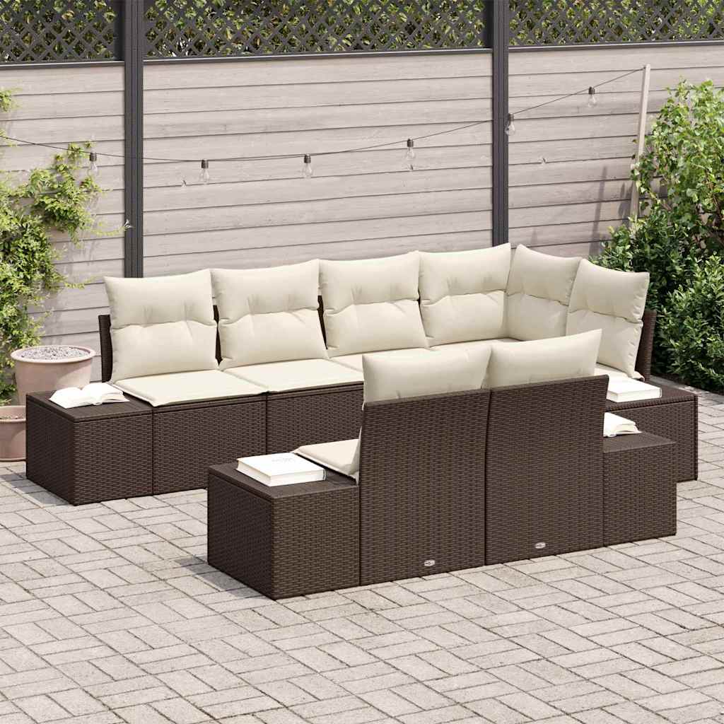 Tuin Sofa Set met kussen 7 pcs Bruin en crème Poly riet is nu te koop bij PeponiXL, paradijselijk wonen!