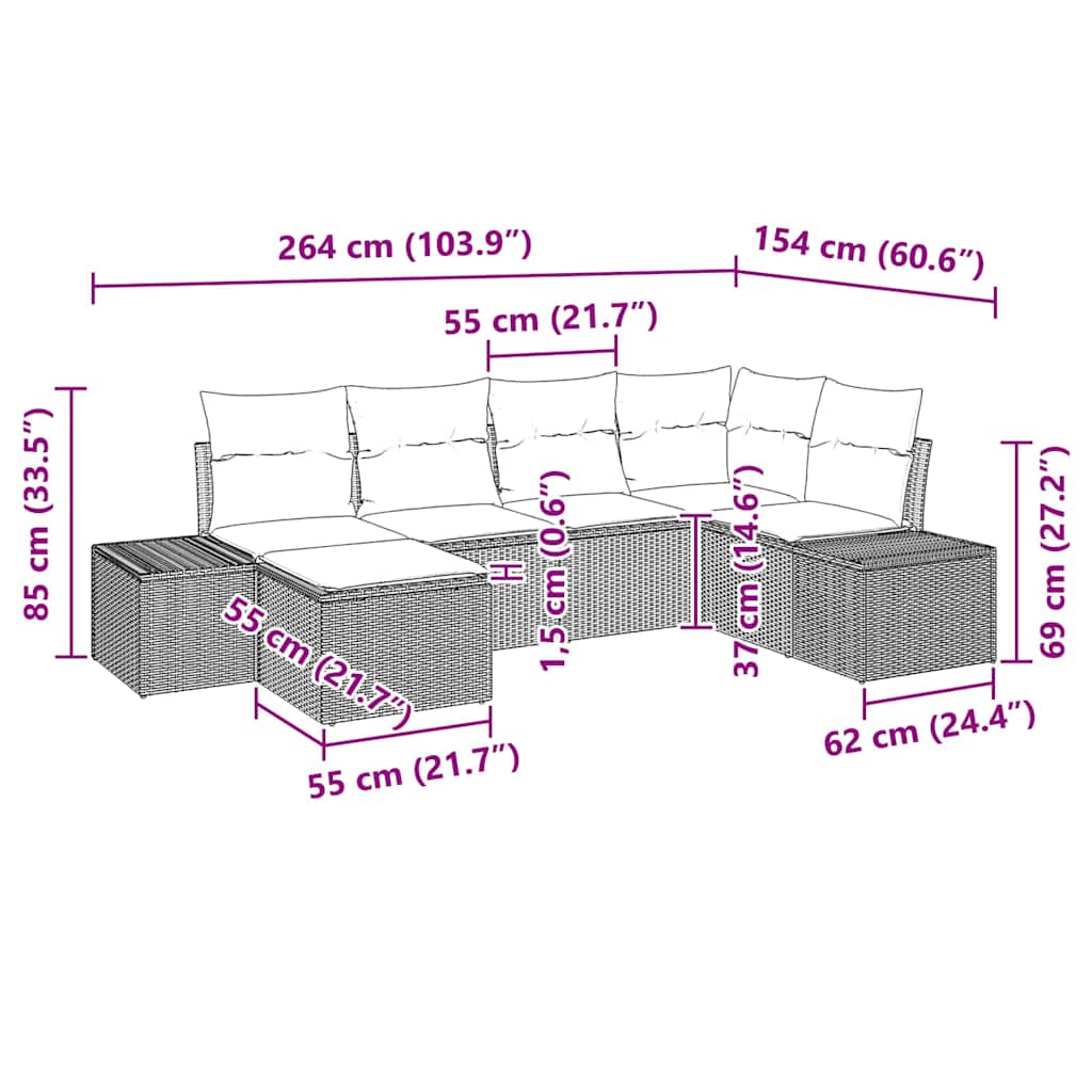 Tuin Sofa Set met kussen 6 pcs Zwart poly rattan is nu te koop bij PeponiXL, paradijselijk wonen!