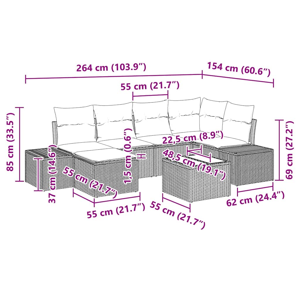 Tuin Sofa Set met kussen 7 pcs Bruin en Crème poly rattan is nu te koop bij PeponiXL, paradijselijk wonen!