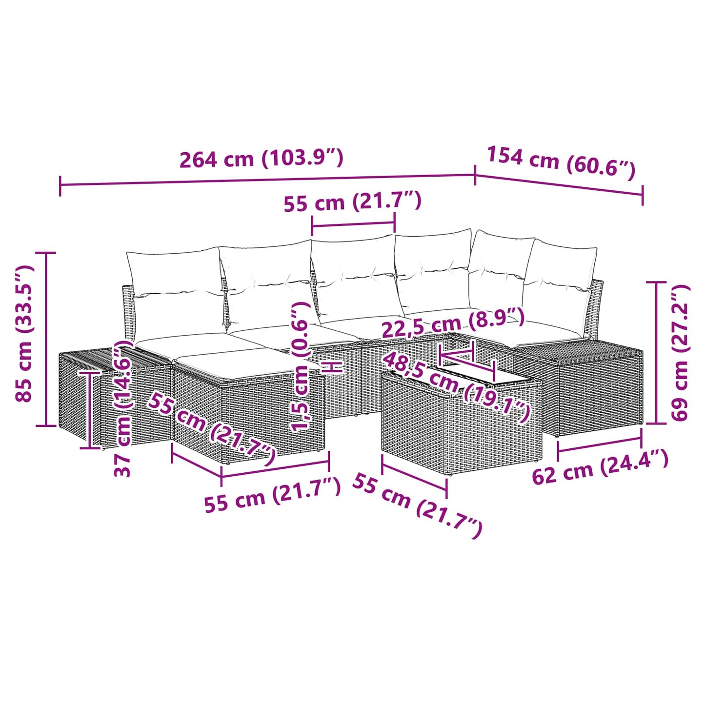 Tuin Sofa Set met kussen 7 pcs Bruin poly rattan is nu te koop bij PeponiXL, paradijselijk wonen!