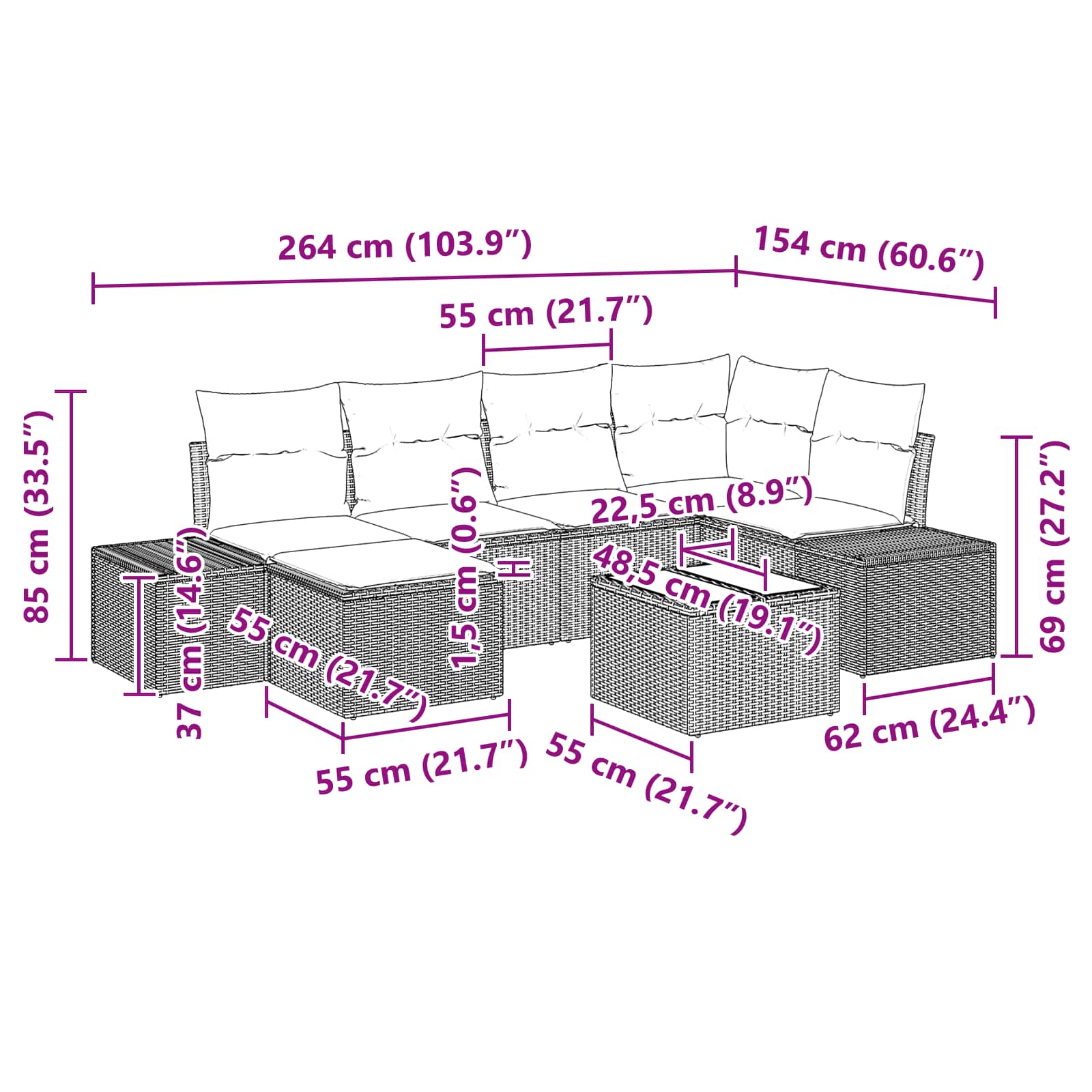 Tuin Sofa Set met kussen 7 pcs Bruin poly rattan is nu te koop bij PeponiXL, paradijselijk wonen!