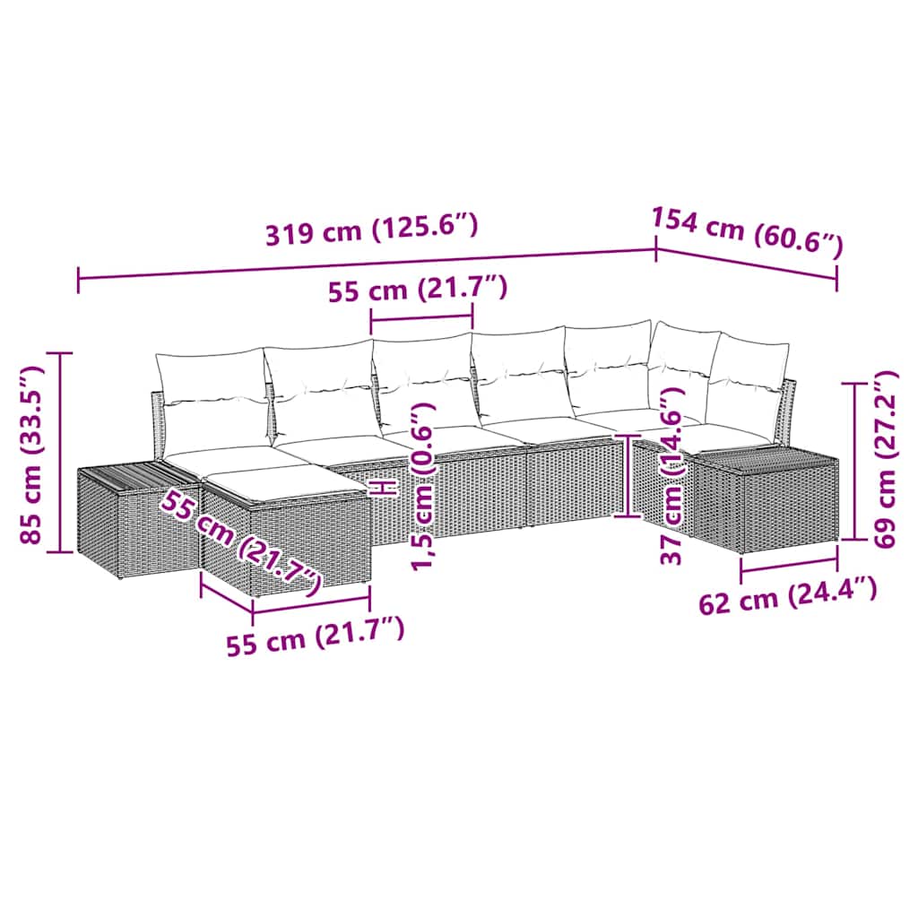 Tuin Sofa Set met kussen 7 pcs Zwart poly rattan is nu te koop bij PeponiXL, paradijselijk wonen!
