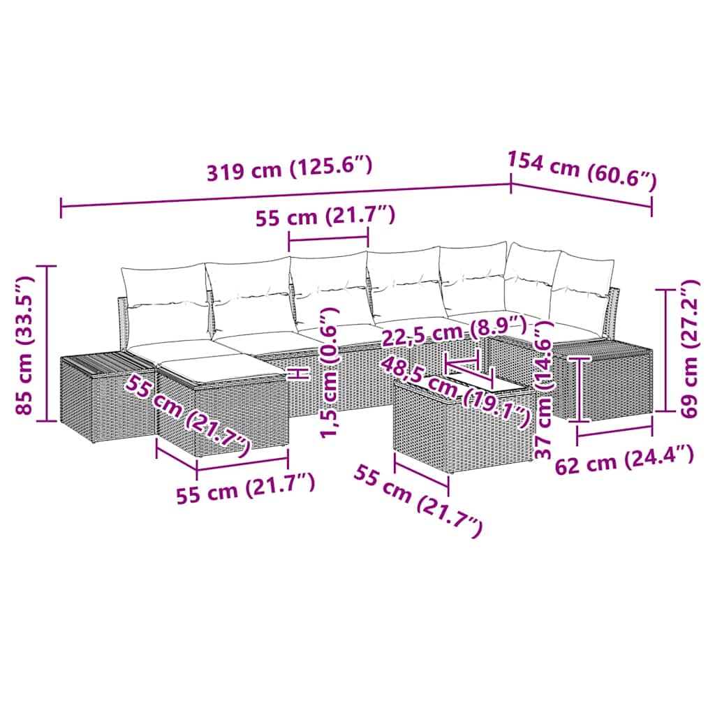 Tuin Sofa Set met kussen 8 pcs Lichtgrijs poly rattan is nu te koop bij PeponiXL, paradijselijk wonen!