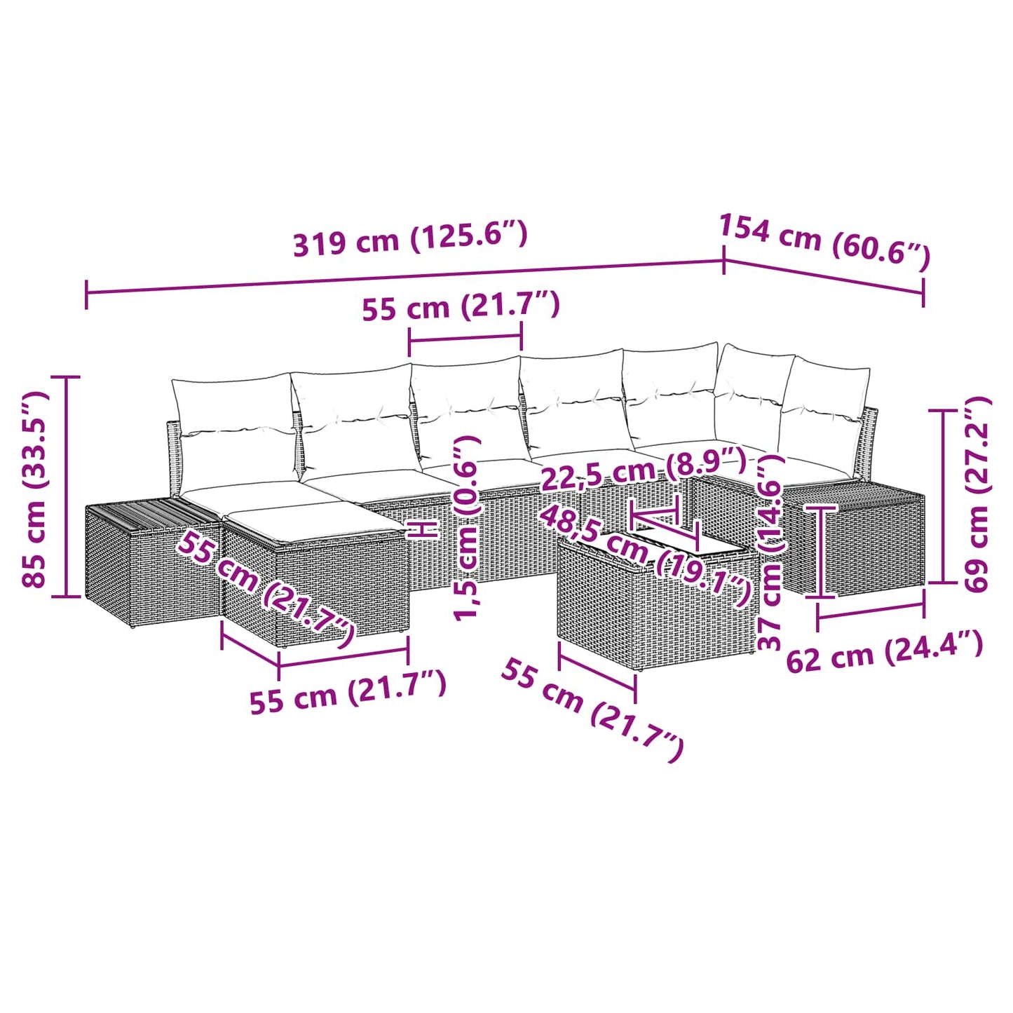 Tuin Sofa Set met kussen 8 pcs Bruin poly rattan is nu te koop bij PeponiXL, paradijselijk wonen!