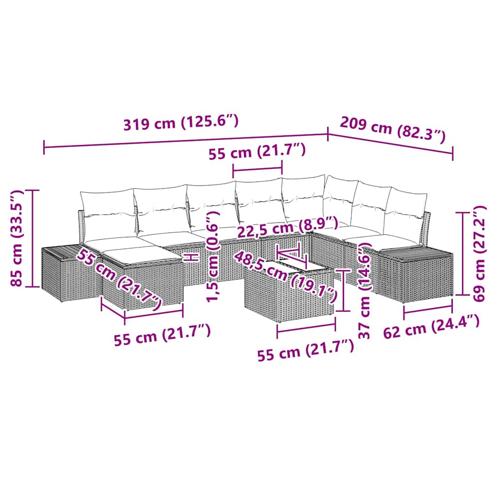 Tuin Sofa Set met kussen 9 pcs Lichtgrijs poly rattan is nu te koop bij PeponiXL, paradijselijk wonen!