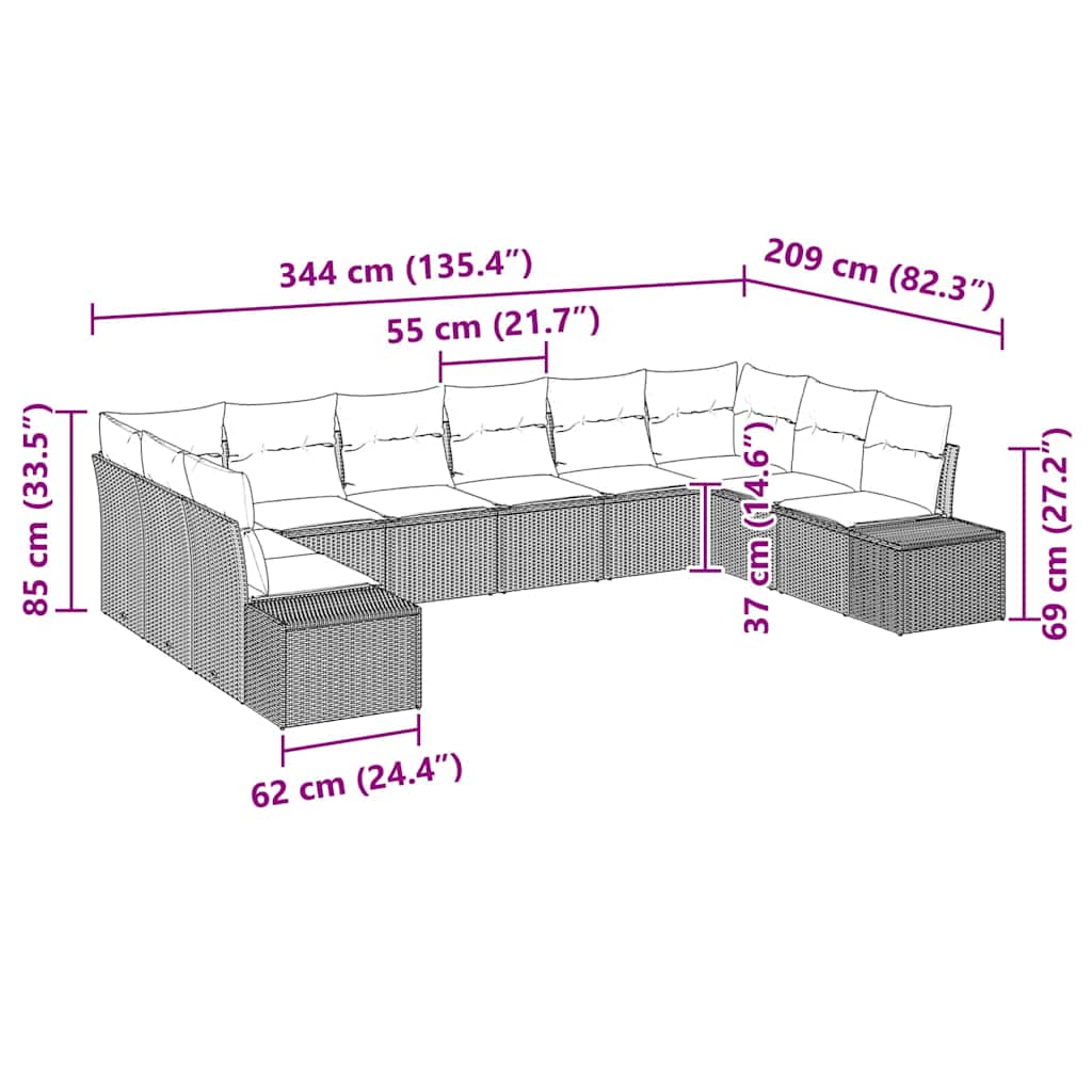 Tuin Sofa Set met kussen 10 pcs Zwart poly rattan is nu te koop bij PeponiXL, paradijselijk wonen!
